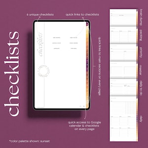 May include: A digital planner displayed on a tablet, featuring checklists and organizational tools. The screen shows various sections, including daily to-do lists, priority lists, and a master checklist. The background is a deep purple with text that reads "checklists".