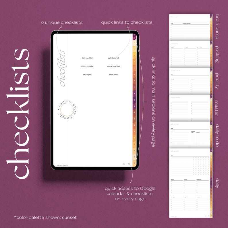 May include: A digital planner displayed on a tablet, featuring checklists and organizational tools. The screen shows various sections, including daily to-do lists, priority lists, and a master checklist. The background is a deep purple with text that reads "checklists".