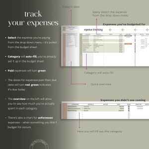May include: A green and brown printable budget tracker with the text "track your expenses" at the top. The tracker includes sections for expenses you've budgeted for, expenses you didn't see coming, and a quick overview. The tracker also includes a chart for unforeseen expenses.