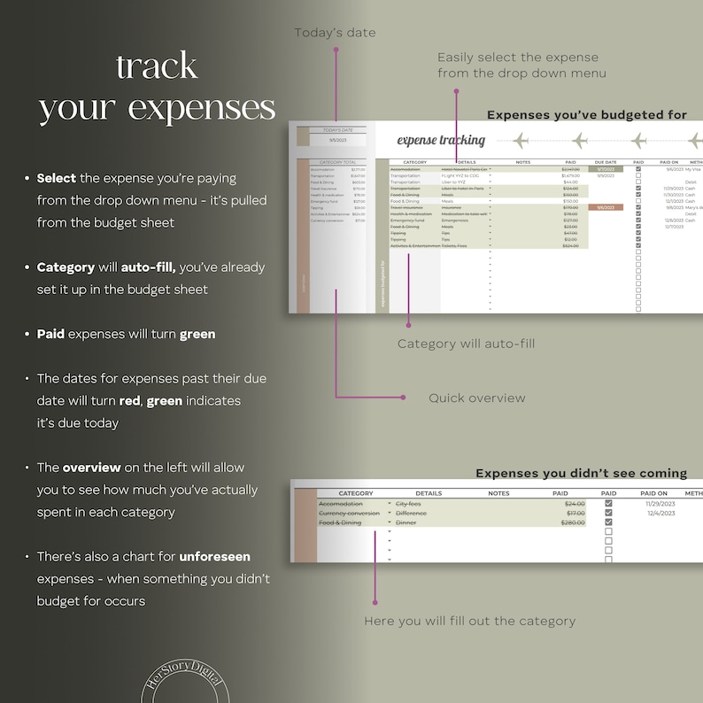 May include: A green and brown printable budget tracker with the text "track your expenses" at the top. The tracker includes sections for expenses you've budgeted for, expenses you didn't see coming, and a quick overview. The tracker also includes a chart for unforeseen expenses.
