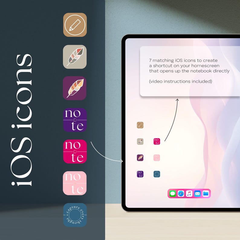 digital glow up planner includes: An iPad displays seven matching iOS icons, designed to create a homescreen shortcut. The icons include a pencil, feather, and various "note" designs in purple, pink, and white. The text "iOS icons" is vertically displayed on the left.