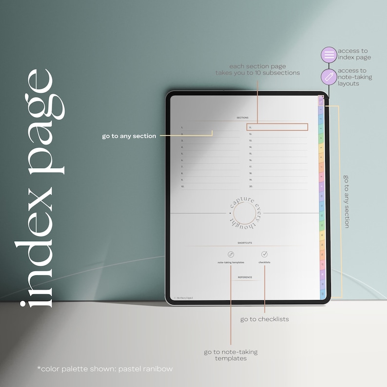 A digital tablet displaying an index page with pastel rainbow color tabs. The screen shows a layout with sections, shortcuts, and note-taking templates. Text includes "index page", "capture very thought" and navigation prompts.