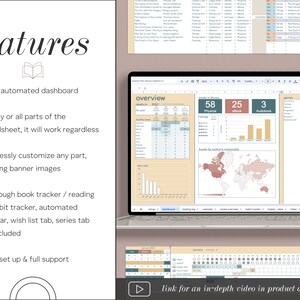 K&ouml;nnte beinhalten: Ein Laptop-Bildschirm zeigt eine Tabellenkalkulation mit einem Buch-Tracker-Dashboard. Das Dashboard enth&auml;lt eine Weltkarte, Diagramme und Grafiken. Der Text "features" wird auf der linken Seite des Bildes mit einer Liste von Funktionen angezeigt, darunter "FULLY automated dashboard" und "Easy set up & full support".