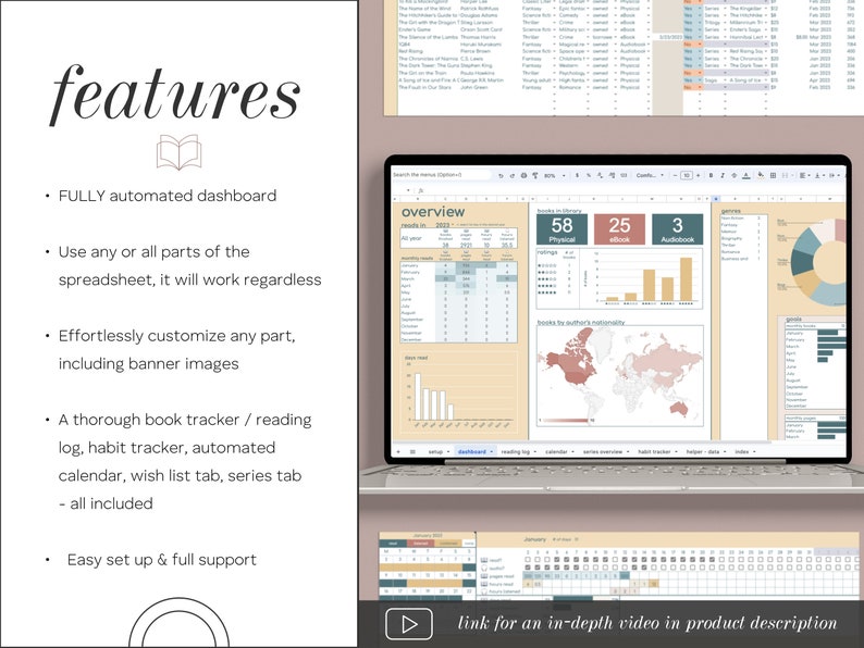 K&ouml;nnte beinhalten: Ein Laptop-Bildschirm zeigt eine Tabellenkalkulation mit einem Buch-Tracker-Dashboard. Das Dashboard enth&auml;lt eine Weltkarte, Diagramme und Grafiken. Der Text "features" wird auf der linken Seite des Bildes mit einer Liste von Funktionen angezeigt, darunter "FULLY automated dashboard" und "Easy set up & full support".
