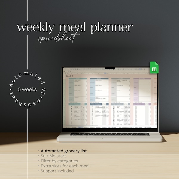 Google Sheets Meal Planner • Meal Planner Spreadsheet • Weekly Meal Plan Template • Digital Meal Planner with Grocery List • Meal Planning