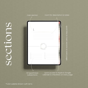 A digital glow-up and wellness planner on an iPad, featuring a soft terra color palette. The screen displays sections for notes, with quick links and 10 hyperlinked subsections.