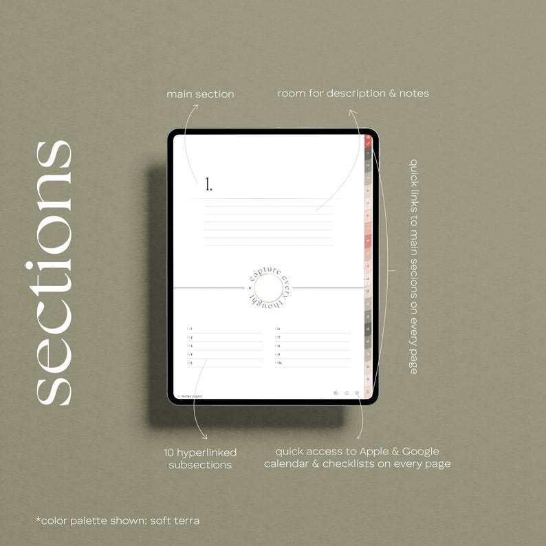 A digital glow-up and wellness planner on an iPad, featuring a soft terra color palette. The screen displays sections for notes, with quick links and 10 hyperlinked subsections.
