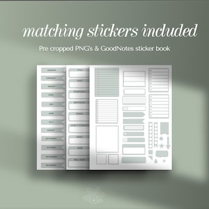 Op de afbeelding: Een set afdrukbare planner stickers voor GoodNotes. De stickers bevatten een maandelijkse kalender, een to-do lijst en verschillende andere labels. De stickers zijn lichtgrijs van kleur en zijn ontworpen om te worden gebruikt in een digitale planner.