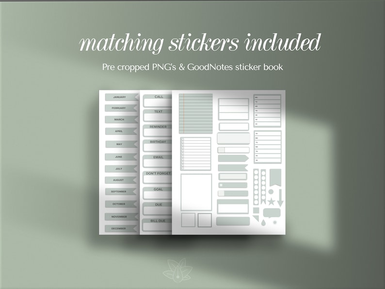 Op de afbeelding: Een set afdrukbare planner stickers voor GoodNotes. De stickers bevatten een maandelijkse kalender, een to-do lijst en verschillende andere labels. De stickers zijn lichtgrijs van kleur en zijn ontworpen om te worden gebruikt in een digitale planner.