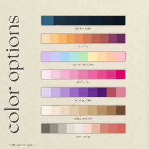 An image showcasing color palette options for a digital notebook, including "dark mode," "sunset," "pastel rainbow," "hot pink," "true purple," "beige mania," and "soft terra." Each palette is a gradient of colors.