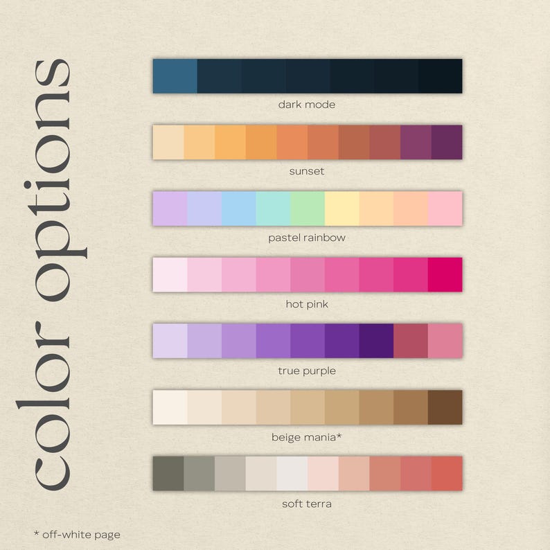 An image showcasing color palette options for a digital notebook, including "dark mode," "sunset," "pastel rainbow," "hot pink," "true purple," "beige mania," and "soft terra." Each palette is a gradient of colors.