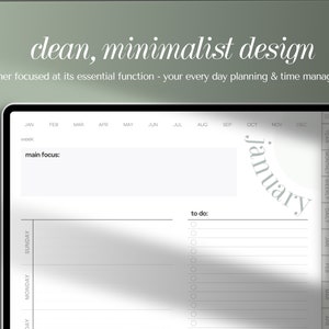 Op de afbeelding: Een minimalistische witte planner met een maandelijkse kalenderweergave voor januari. De planner heeft een sectie voor een hoofdfocus en een to-dolijst.