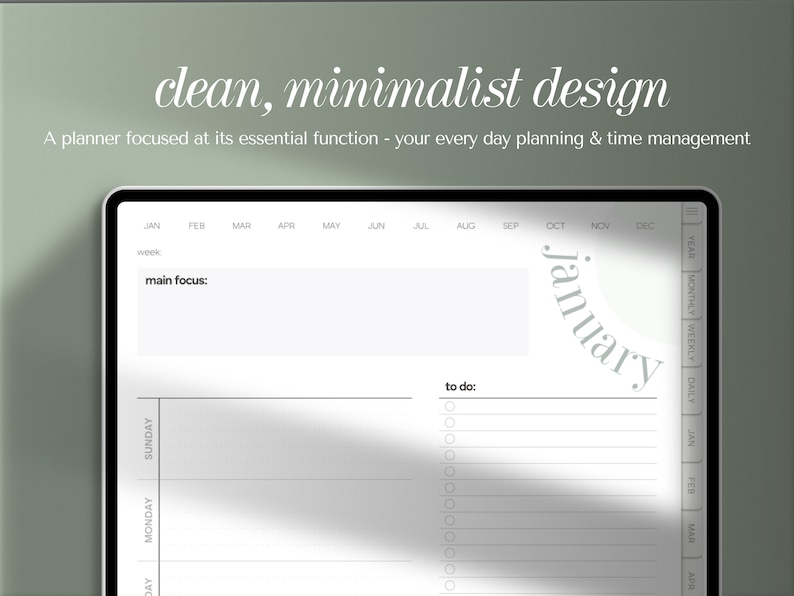Op de afbeelding: Een minimalistische witte planner met een maandelijkse kalenderweergave voor januari. De planner heeft een sectie voor een hoofdfocus en een to-dolijst.