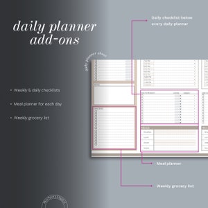 May include: A daily planner with add-ons, including weekly and daily checklists, a meal planner, and a weekly grocery list. The planner features a beige and white colour scheme with a pink border.