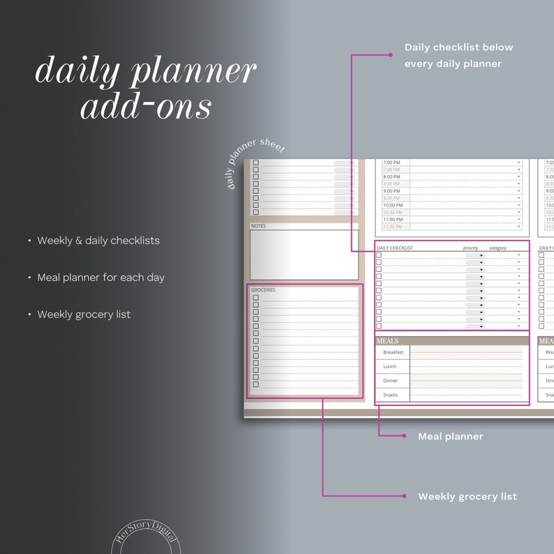 May include: A daily planner with add-ons, including weekly and daily checklists, a meal planner, and a weekly grocery list. The planner features a beige and white colour scheme with a pink border.