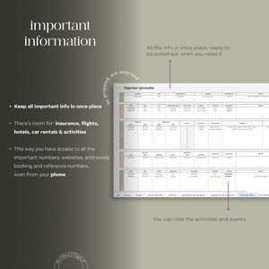 May include: A printable travel planner with a checklist for important information, including insurance, flights, hotels, car rentals, and activities. The planner includes a section for rating activities and events.