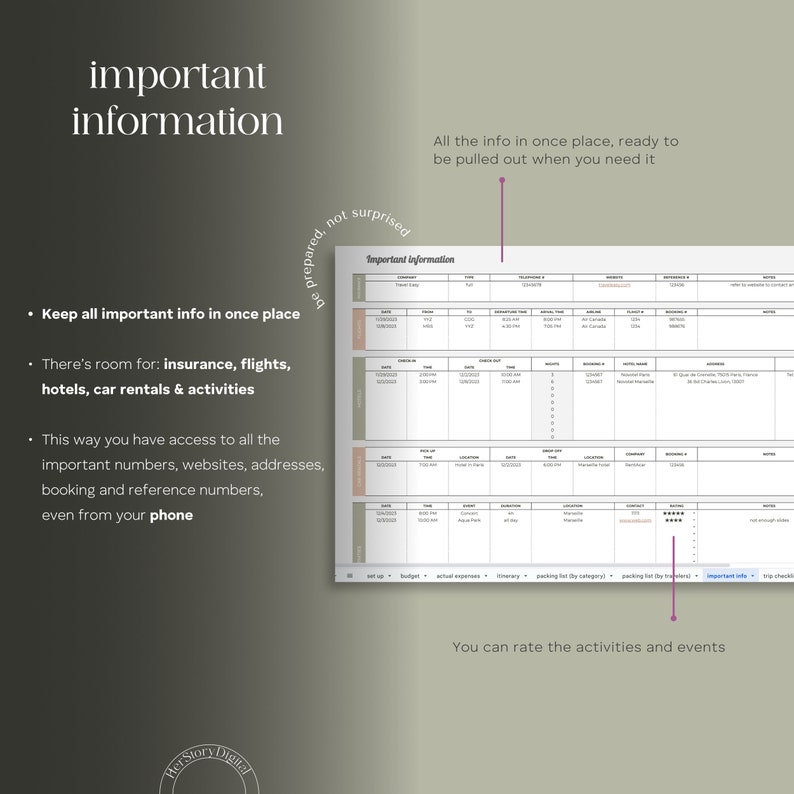 May include: A printable travel planner with a checklist for important information, including insurance, flights, hotels, car rentals, and activities. The planner includes a section for rating activities and events.