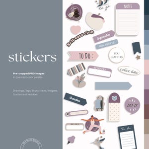 May include: A collection of stickers with a consistent color palette. The stickers include text such as "Self-care club", "To Do", "Notes", and "Coffee Date". Other stickers feature drawings, tags, sticky notes, and quotes.