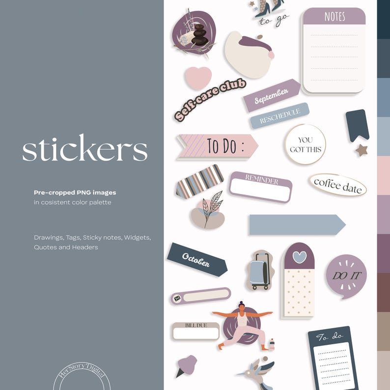 May include: A collection of stickers with a consistent color palette. The stickers include text such as "Self-care club", "To Do", "Notes", and "Coffee Date". Other stickers feature drawings, tags, sticky notes, and quotes.