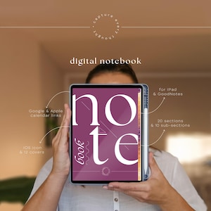 Peut inclure: Carnet numérique pour iPad et GoodNotes. L'écran affiche le mot « note » en blanc sur un fond violet foncé. Comprend des liens Google et Apple, 20 sections, 10 sous-sections et 12 couvertures.