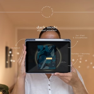 Agenda numérique en mode sombre : écosystème iPad non daté de deux pages avec hyperlien, reliure à anneaux dorée, organiseur GoodNotes avec widgets, mise en page paysage