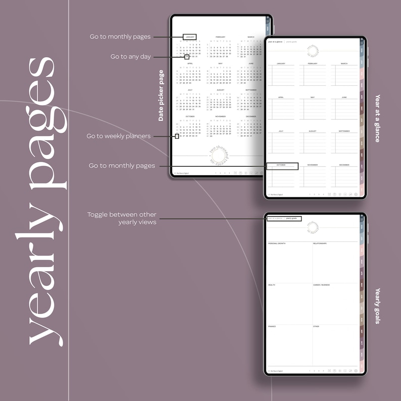 May include: Digital planner interface with yearly pages, including a calendar view, year-at-a-glance, and yearly goals sections. The interface features navigation options like date picker and weekly planners. The background is a muted purple.