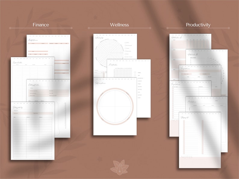 May include: A set of printable planner pages for tracking finances, wellness, and productivity. The pages are designed with a minimalist aesthetic and feature a light pink and white color scheme.