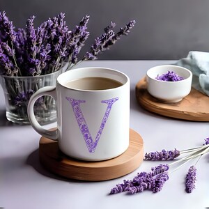 Personalised Letter Mug, Lavender Monogram Initial Cup, Custom Name Mug Gift for Her, Birthday or Christmas Coffee Cup, Ask in any letter!