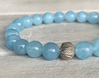 Aquamarin Armband | Karen Hill Tribe Feinsilber Lotus | filigranes 8 mm Perlenarmband | Boho | Edelsteinarmband | Geschenk Echtschmuck