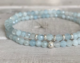 Aquamarin Armband | 925 Sterling Silber | filigranes Perlenarmband 4 mm | Boho | echtes Edelsteinarmband | edles Geschenk Echtschmuck