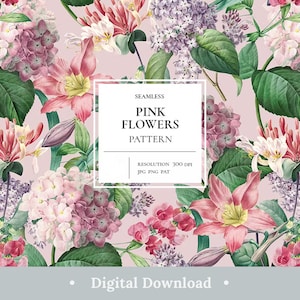 Floral digitaal papier pastel tuin roze paarse bloemen plakboekpapier kleurrijke elegante naadloze patroon esthetische achtergrond