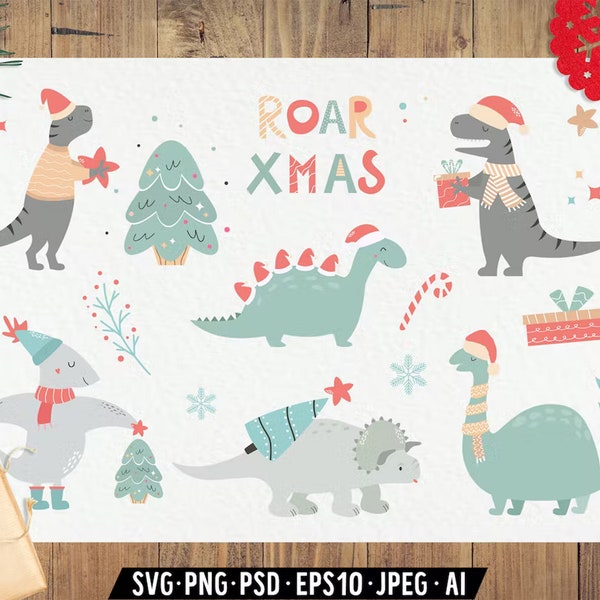 Christmas Dinosaur Clipart Png For Kids Pastel Cute Design Printable Digital Download Files Xmas Individual Elements
