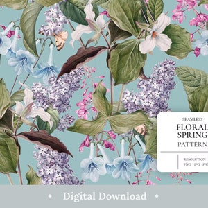 Floral Digitales Papier Pastell Garten Rosa Lila Blau Blumen Scrapbook Papiere Frühling Bunt Elegant Nahtlose Muster Ästhetischer Hintergrund