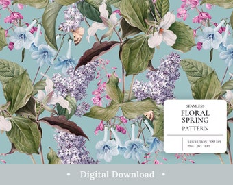 Floral Digital Paper Pastel Garden Pink Purple Blue Flowers Scrapbook Papers Spring Colorful Elegant Seamless Pattern Aesthetic Background