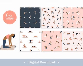 Yoga Digital Paper Girl Papers Colorful Seamless Pattern Pastel Aesthetic Background Bundle