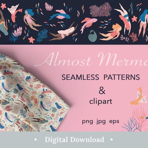 Mermaid Digital Paper Cute Sea Animals Papers Colorful Seamless Pattern Baby Nursery Decor Kids Background Bundle