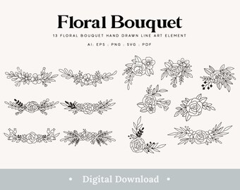 May include: A set of 13 black and white line art floral bouquet illustrations. The bouquets are drawn in a simple, elegant style and would be perfect for use in wedding invitations, greeting cards, or other decorative projects.  Floral Bouquet, 13 Floral Bouquet Hand Drawn Line Art Element, AI: EPS: PNG: SVG: PDF, Digital Download.