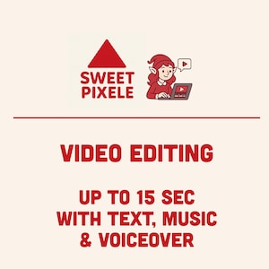 Op de afbeelding: Afbeelding met de tekst "Sweet Pixele" en "Video Editing". Een illustratie van een cartoon-elf die een laptop gebruikt, staat in de rechterbovenhoek. De tekst hieronder luidt "Up to 15 sec with text, music & voiceover."