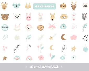 May include: A set of 45 digital clipart illustrations featuring cute animal characters, stars, moons, rainbows, flowers, and leaves. The illustrations are in a pastel color palette and are perfect for adding a touch of whimsy to your projects.