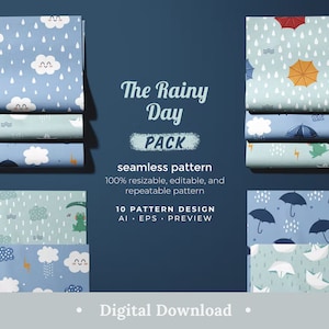 Rain Digital Paper Cute Clouds Umbrella Scrapbook Papers Colorful Pastel Seamless Pattern Baby Nursery Decor Kids Background Bundle