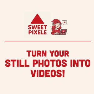 Pode incluir: Gráfico com o texto vermelho "TURN YOUR STILL PHOTOS INTO VIDEOS!". O logotipo apresenta um triângulo vermelho e as palavras "SWEET PIXELE". Ilustração de uma pessoa com orelhas de elfo usando um laptop.