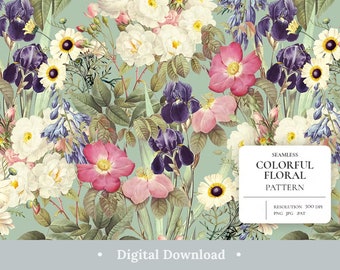 Floral Digital Paper Pastel Garden Flowers Scrapbook Papers Evening Colorful Elegant Seamless Pattern Aesthetic Background