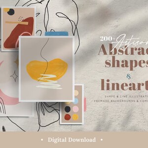Peut inclure: Plusieurs impressions d'art abstrait avec des formes colorées et des dessins linéaires. Les impressions présentent un croissant de lune rose, une forme jaune avec des lignes blanches et d'autres motifs géométriques. Le texte "200+ Artisan Abstract shapes & linearts" est affiché.