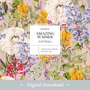 Floral digitaal papier pastel tuin zomerbloemen plakboekpapier kleurrijke elegante naadloze patroon esthetische achtergrond