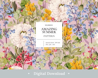 Floral Digital Paper Pastel Garden Summer Flowers Scrapbook Papers Colorful Elegant Seamless Pattern Aesthetic Background