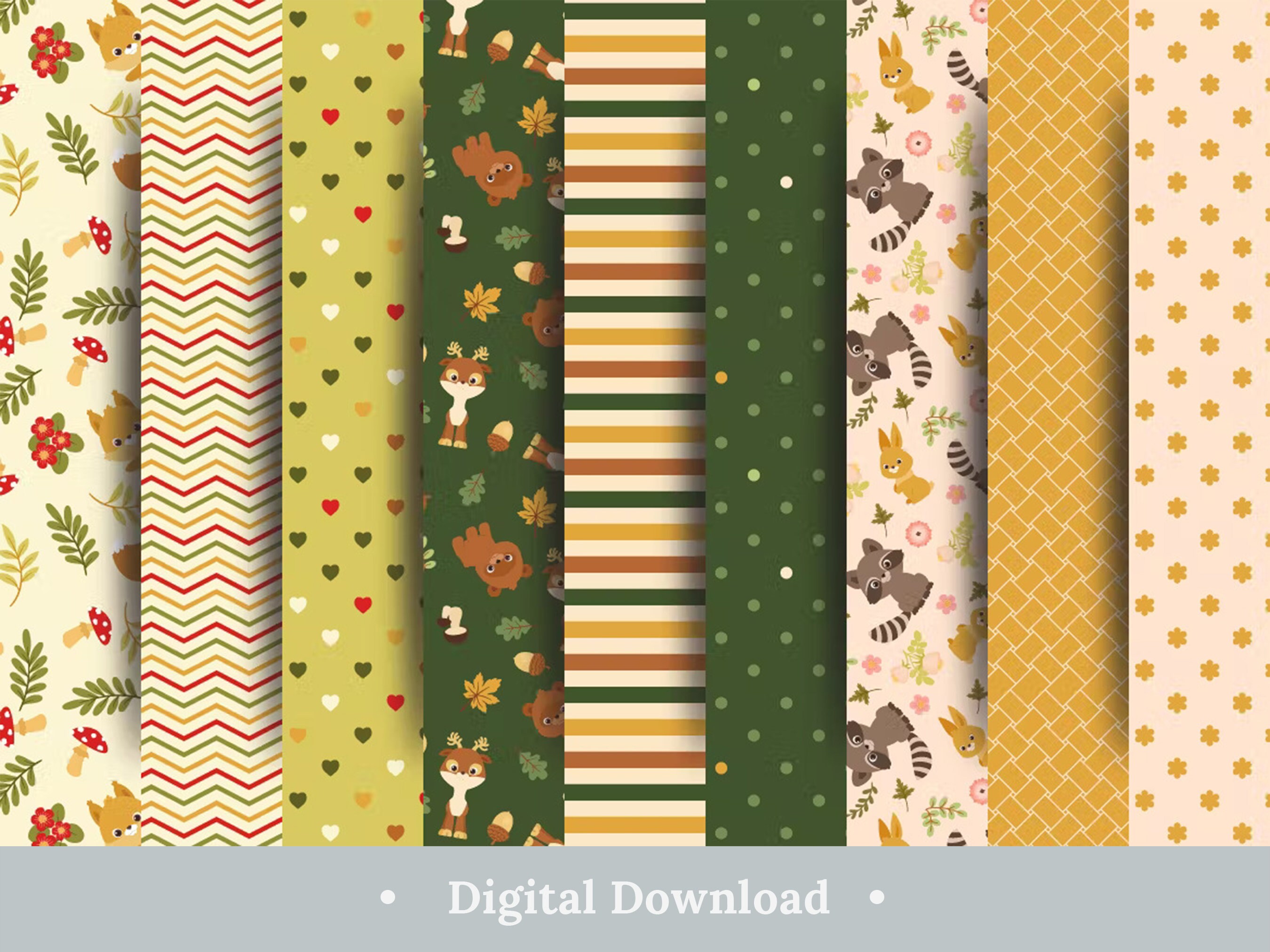 Forest Animals Digital Paper Cute Scrapbook Papers 9 Colorful Seamless Pattern Baby Woodlands Nursery Decor Kids Background Bundle