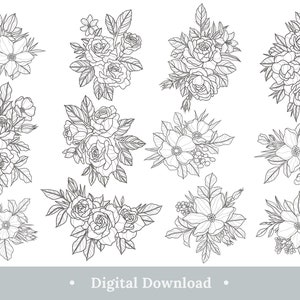 Ramo floral Svg Paquete Línea Arte Flores Plantas Flor Corte Láser Diseños Cricut Archivo Descarga Digital
