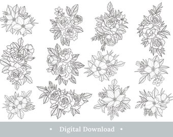 花束 SVG バンドル ラインアート 花 植物 花 レーザーカット デザイン Cricut ファイル デジタル ダウンロード