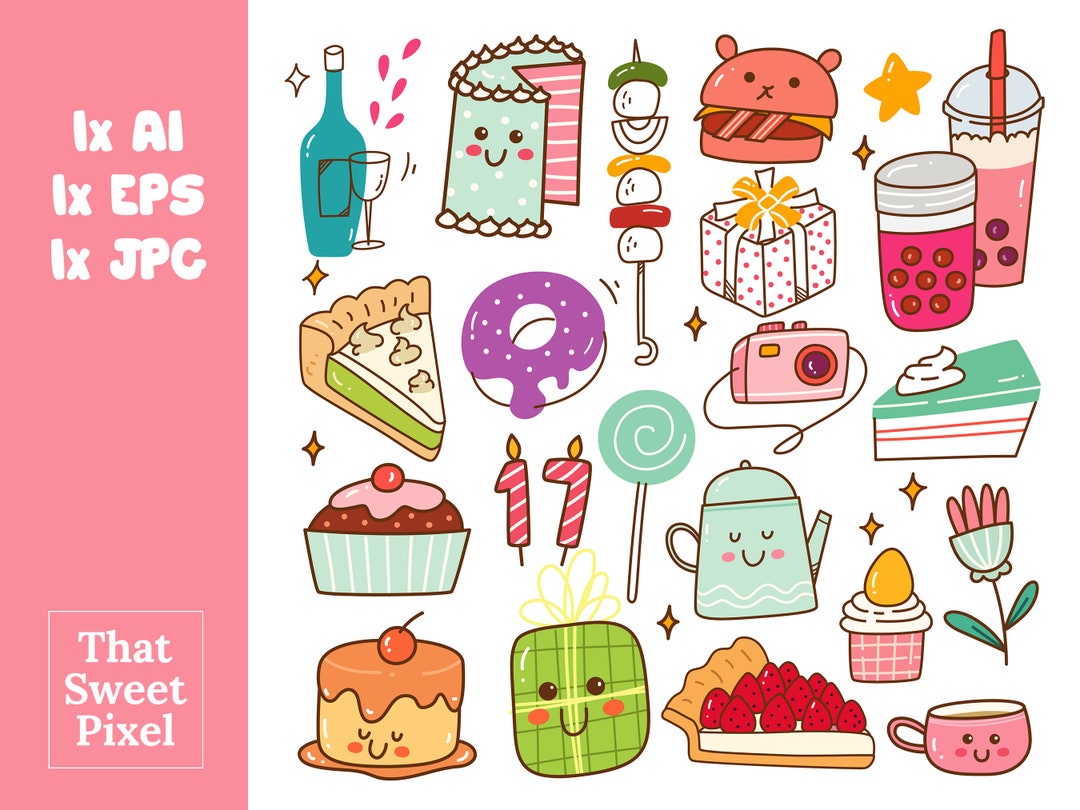 Cute Kawaii Clipart Birthday Food Colorful Illustration - Etsy