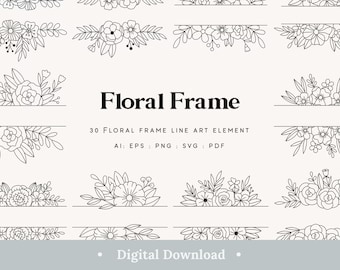 Può includere: Un set di 30 elementi di arte di linea di cornice floreale in bianco e nero. L'immagine mostra una varietà di disegni floreali, tra cui rose, foglie e altri fiori. Il testo "Floral Frame" e "30 Floral Frame Line Art Element" è incluso nell'immagine. Il testo "AI: EPS: PNG: SVG: PDF" è anche incluso nell'immagine.